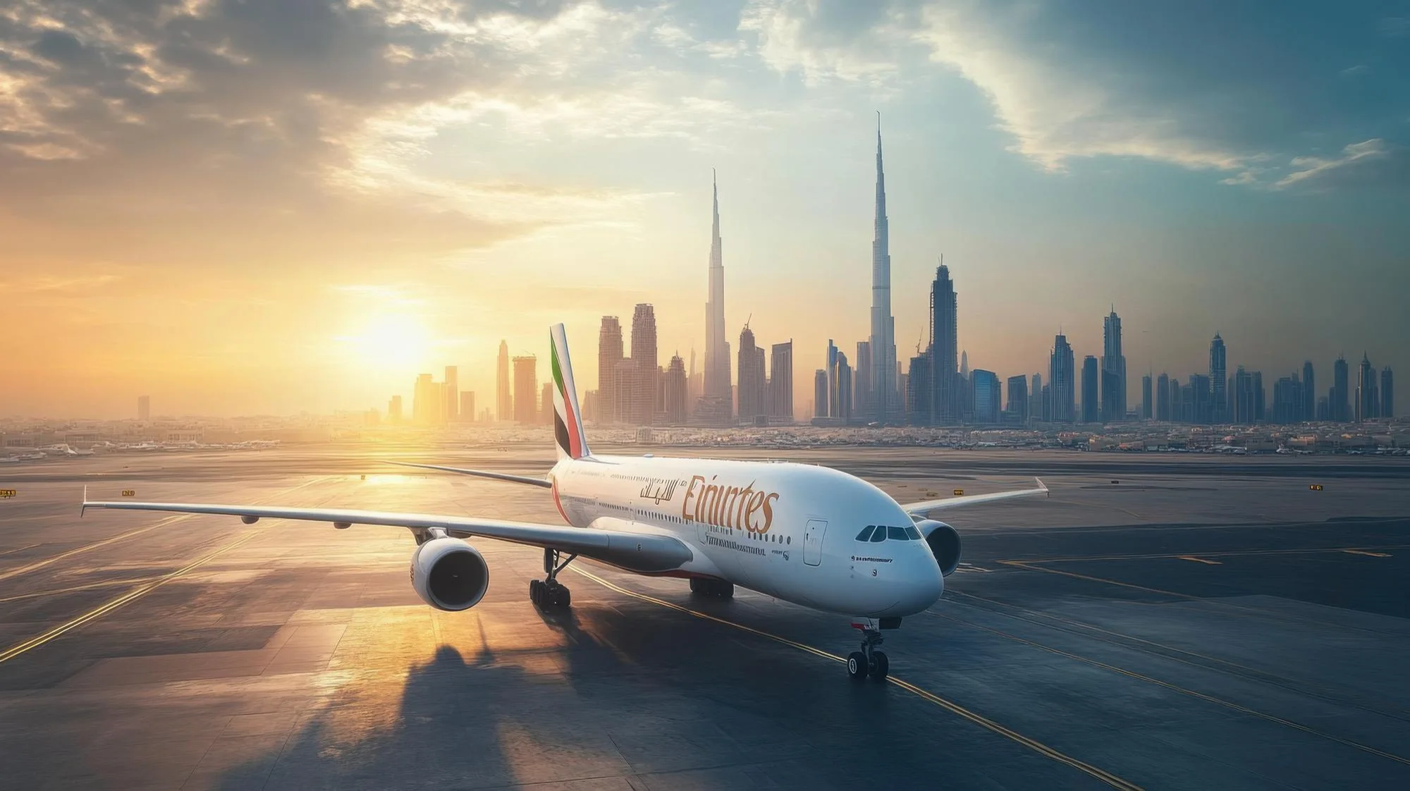 Privatjet vor Skyline bei Sonnenuntergang
