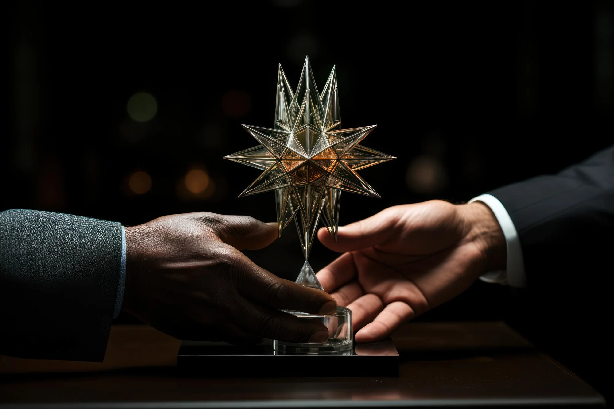Zwei Haende halten eine goldene Stern-Trophaee
